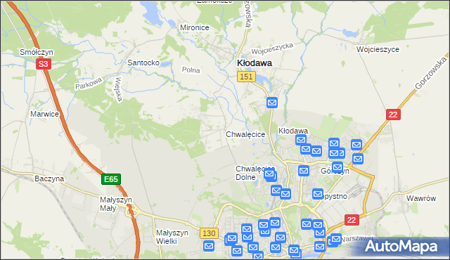 mapa Chwalęcice gmina Kłodawa, Chwalęcice gmina Kłodawa na mapie Targeo