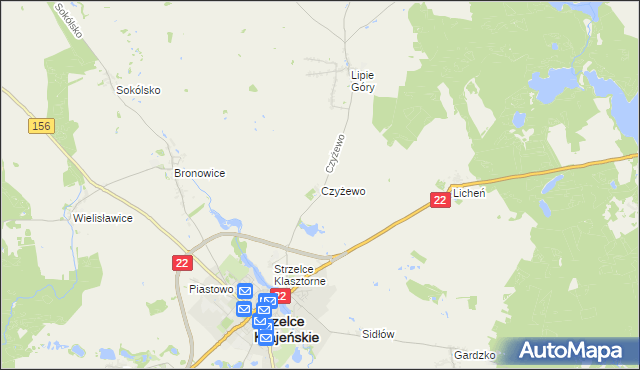 mapa Czyżewo gmina Strzelce Krajeńskie, Czyżewo gmina Strzelce Krajeńskie na mapie Targeo