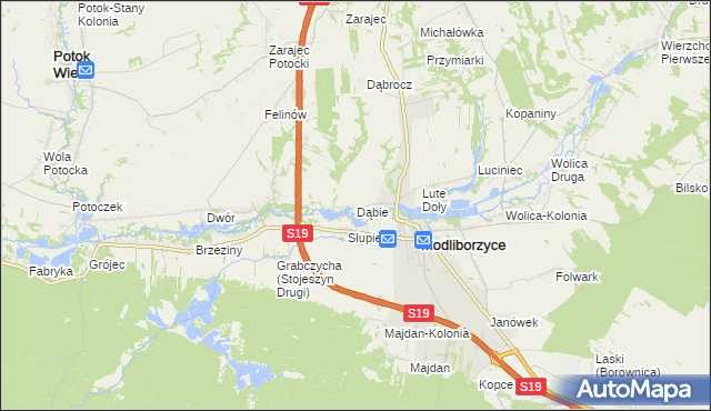 mapa Dąbie gmina Modliborzyce, Dąbie gmina Modliborzyce na mapie Targeo