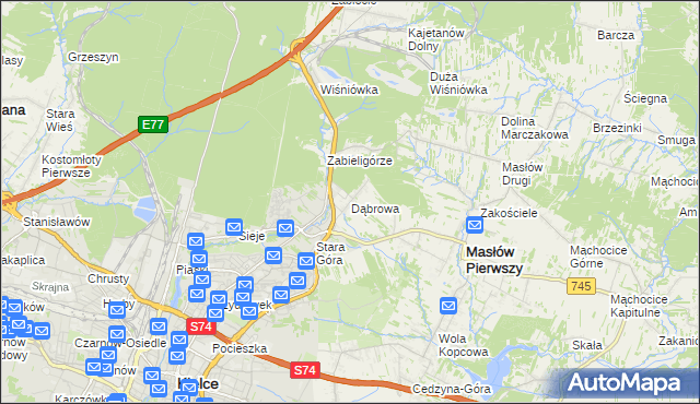 mapa Dąbrowa gmina Masłów, Dąbrowa gmina Masłów na mapie Targeo