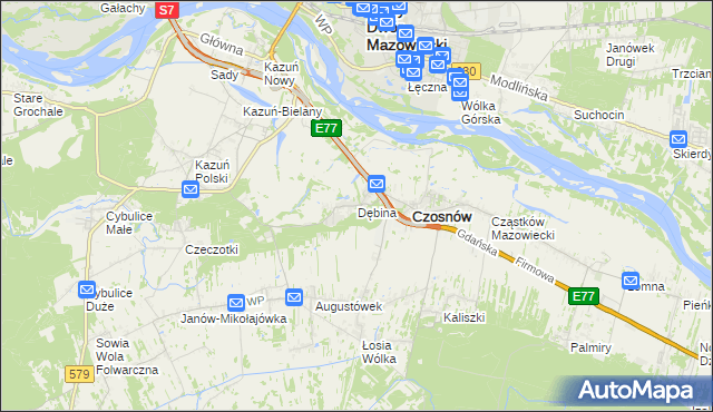 mapa Dębina gmina Czosnów, Dębina gmina Czosnów na mapie Targeo