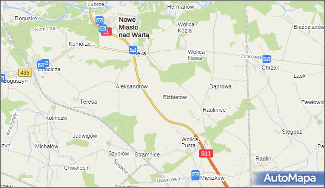 mapa Elżbietów gmina Nowe Miasto nad Wartą, Elżbietów gmina Nowe Miasto nad Wartą na mapie Targeo