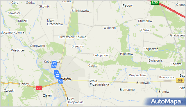 mapa Felicjanów gmina Uniejów, Felicjanów gmina Uniejów na mapie Targeo