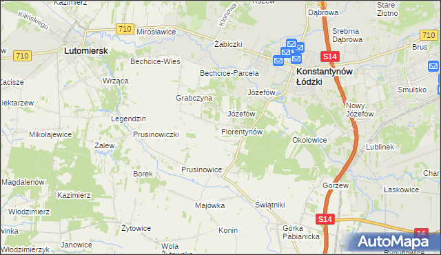 mapa Florentynów gmina Lutomiersk, Florentynów gmina Lutomiersk na mapie Targeo