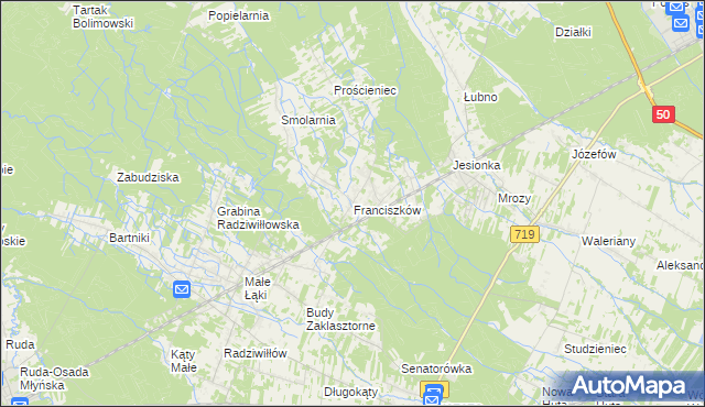 mapa Franciszków gmina Wiskitki, Franciszków gmina Wiskitki na mapie Targeo