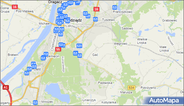 mapa Gać gmina Grudziądz, Gać gmina Grudziądz na mapie Targeo