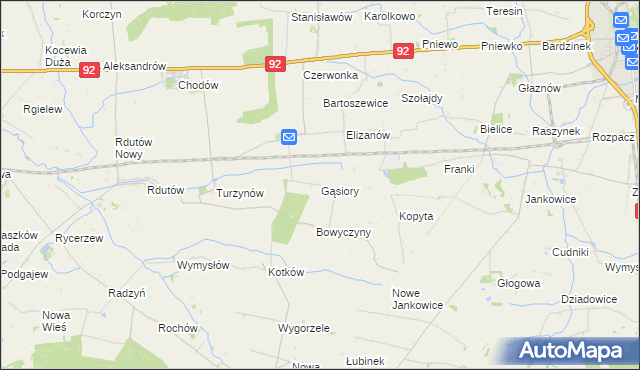 mapa Gąsiory gmina Chodów, Gąsiory gmina Chodów na mapie Targeo