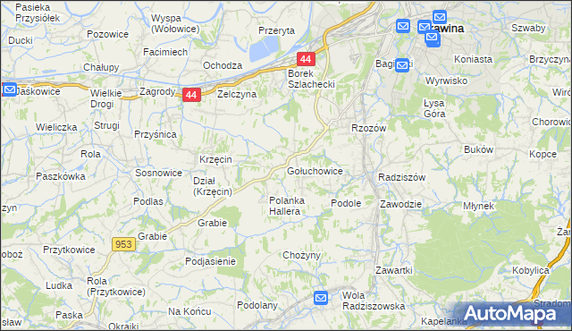 mapa Gołuchowice gmina Skawina, Gołuchowice gmina Skawina na mapie Targeo