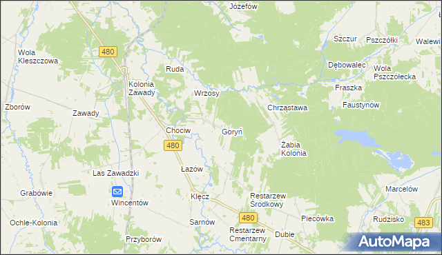 mapa Goryń gmina Widawa, Goryń gmina Widawa na mapie Targeo