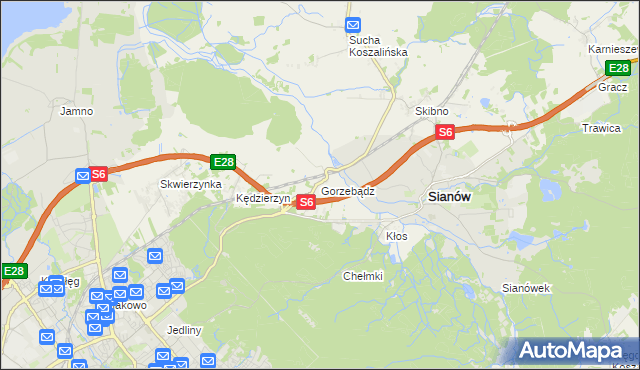 mapa Gorzebądz gmina Sianów, Gorzebądz gmina Sianów na mapie Targeo