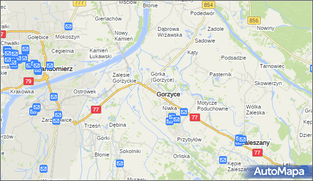 mapa Gorzyce powiat tarnobrzeski, Gorzyce powiat tarnobrzeski na mapie Targeo