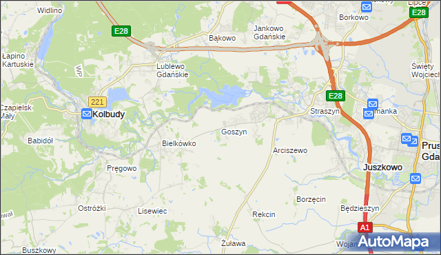 mapa Goszyn gmina Pruszcz Gdański, Goszyn gmina Pruszcz Gdański na mapie Targeo