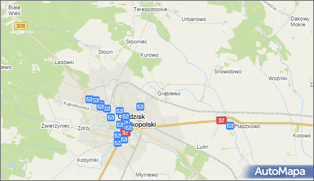 mapa Grąblewo gmina Grodzisk Wielkopolski, Grąblewo gmina Grodzisk Wielkopolski na mapie Targeo