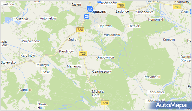 mapa Grabownica gmina Łopuszno, Grabownica gmina Łopuszno na mapie Targeo