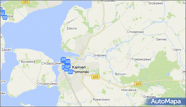 mapa Grabowo gmina Kamień Pomorski, Grabowo gmina Kamień Pomorski na mapie Targeo