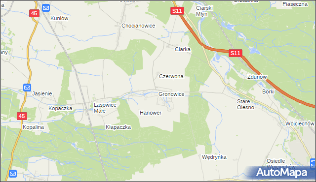 mapa Gronowice gmina Lasowice Wielkie, Gronowice gmina Lasowice Wielkie na mapie Targeo