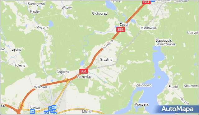 mapa Gryźliny gmina Stawiguda, Gryźliny gmina Stawiguda na mapie Targeo