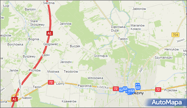 mapa Grzmiąca gmina Brzeziny, Grzmiąca gmina Brzeziny na mapie Targeo