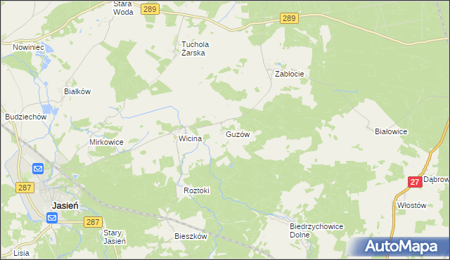 mapa Guzów gmina Jasień, Guzów gmina Jasień na mapie Targeo