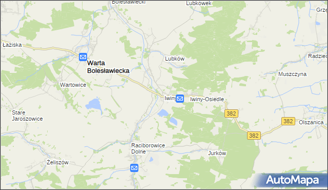 mapa Iwiny gmina Warta Bolesławiecka, Iwiny gmina Warta Bolesławiecka na mapie Targeo