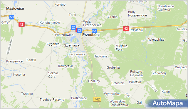 mapa Jabłonna gmina Przedbórz, Jabłonna gmina Przedbórz na mapie Targeo