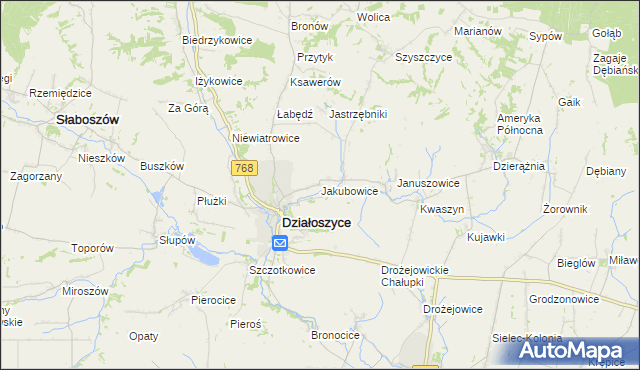 mapa Jakubowice gmina Działoszyce, Jakubowice gmina Działoszyce na mapie Targeo