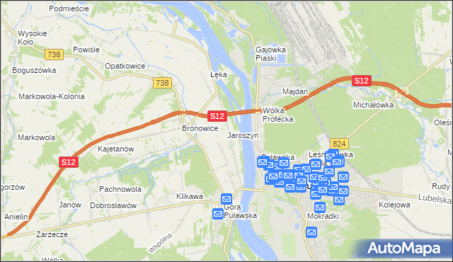 mapa Jaroszyn gmina Puławy, Jaroszyn gmina Puławy na mapie Targeo