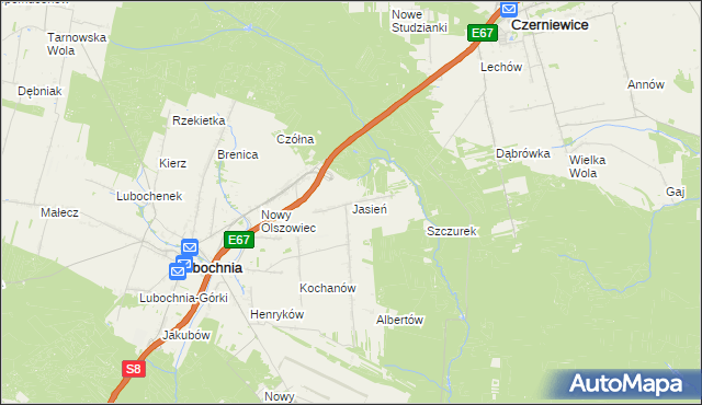 mapa Jasień gmina Lubochnia, Jasień gmina Lubochnia na mapie Targeo