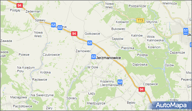 mapa Jerzmanowice gmina Jerzmanowice-Przeginia, Jerzmanowice gmina Jerzmanowice-Przeginia na mapie Targeo