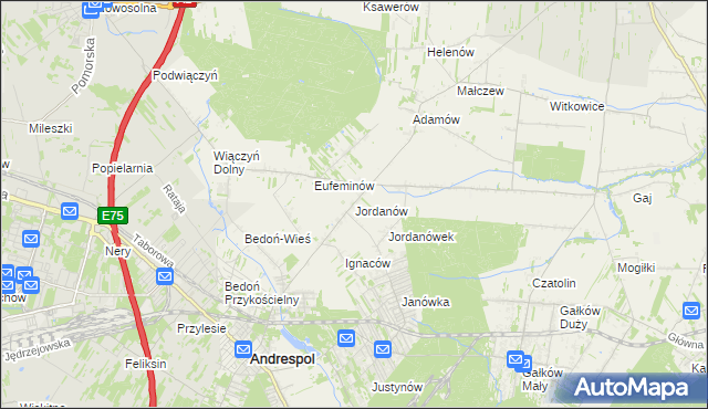 mapa Jordanów gmina Brzeziny, Jordanów gmina Brzeziny na mapie Targeo