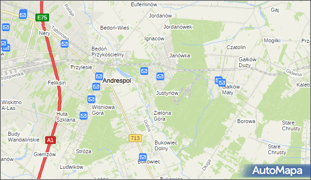 mapa Justynów gmina Andrespol, Justynów gmina Andrespol na mapie Targeo