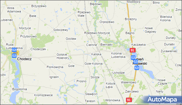 mapa Kaliska gmina Lubień Kujawski, Kaliska gmina Lubień Kujawski na mapie Targeo