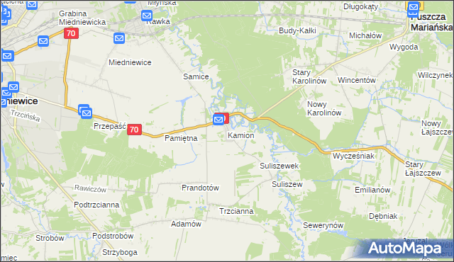 mapa Kamion gmina Puszcza Mariańska, Kamion gmina Puszcza Mariańska na mapie Targeo