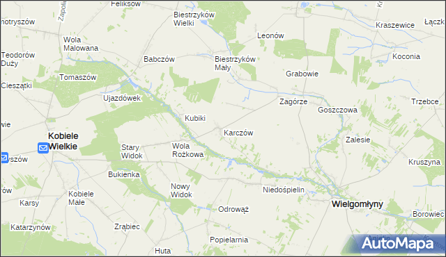 mapa Karczów gmina Wielgomłyny, Karczów gmina Wielgomłyny na mapie Targeo