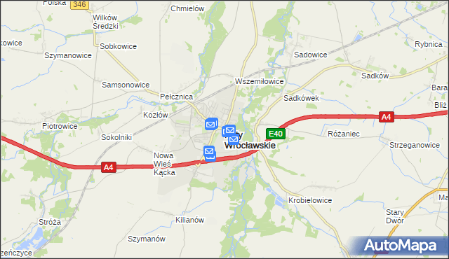 mapa Kąty Wrocławskie, Kąty Wrocławskie na mapie Targeo