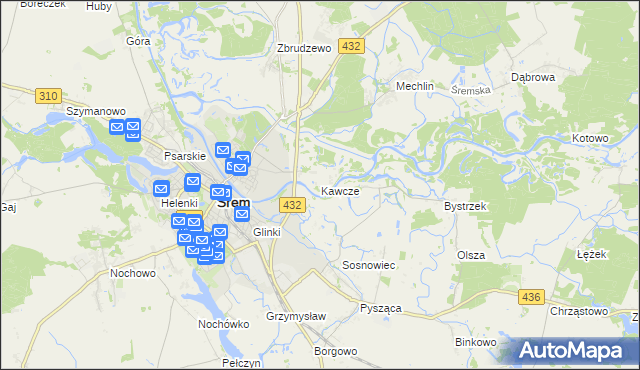 mapa Kawcze gmina Śrem, Kawcze gmina Śrem na mapie Targeo