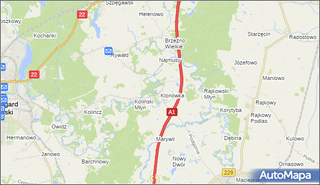 mapa Klonówka gmina Starogard Gdański, Klonówka gmina Starogard Gdański na mapie Targeo