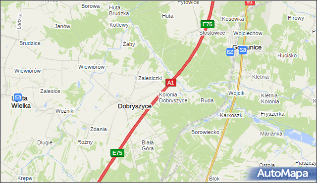 mapa Kolonia Dobryszyce, Kolonia Dobryszyce na mapie Targeo