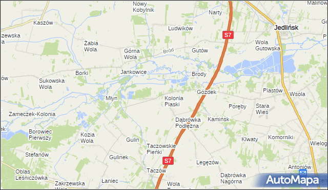 mapa Kolonia Piaski gmina Zakrzew, Kolonia Piaski gmina Zakrzew na mapie Targeo