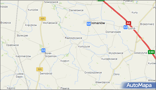 mapa Kończyce gmina Domaniów, Kończyce gmina Domaniów na mapie Targeo