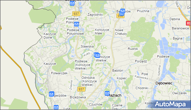 mapa Kończyce Wielkie, Kończyce Wielkie na mapie Targeo