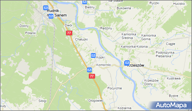 mapa Kopki gmina Rudnik nad Sanem, Kopki gmina Rudnik nad Sanem na mapie Targeo