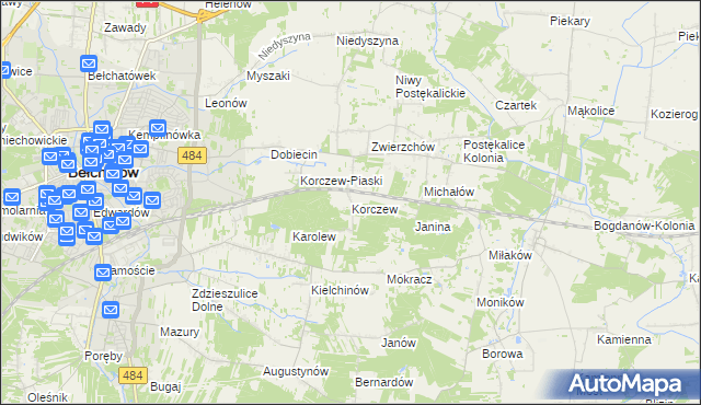 mapa Korczew gmina Bełchatów, Korczew gmina Bełchatów na mapie Targeo