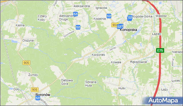 mapa Korzonek gmina Konopiska, Korzonek gmina Konopiska na mapie Targeo