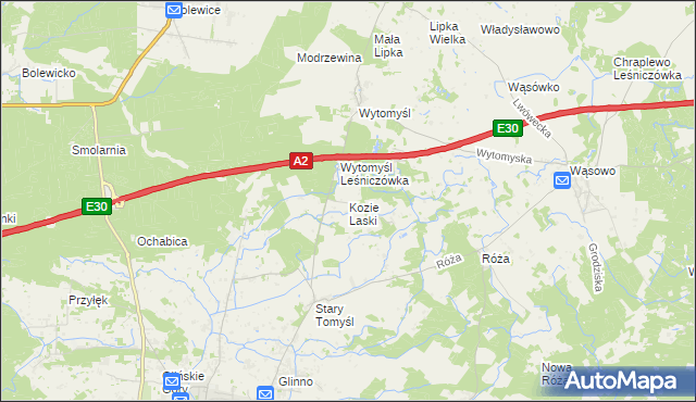 mapa Kozie Laski gmina Nowy Tomyśl, Kozie Laski gmina Nowy Tomyśl na mapie Targeo