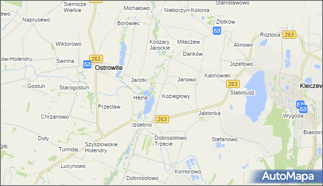 mapa Koziegłowy gmina Kleczew, Koziegłowy gmina Kleczew na mapie Targeo