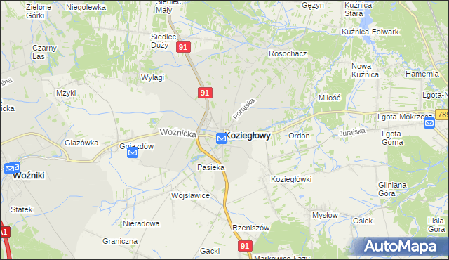 mapa Koziegłowy powiat myszkowski, Koziegłowy powiat myszkowski na mapie Targeo