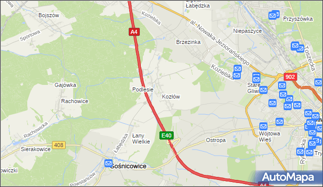 mapa Kozłów gmina Sośnicowice, Kozłów gmina Sośnicowice na mapie Targeo