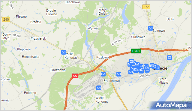 mapa Kozłowo gmina Świecie, Kozłowo gmina Świecie na mapie Targeo