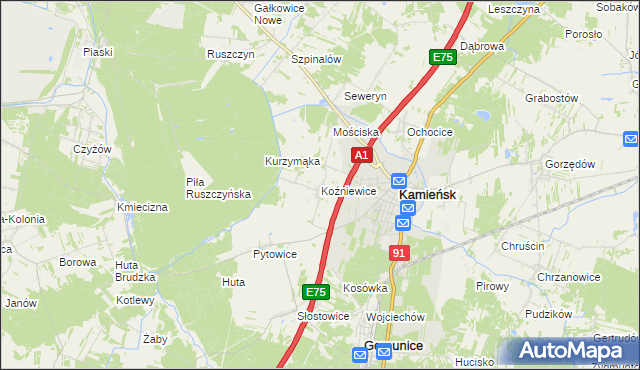 mapa Koźniewice, Koźniewice na mapie Targeo